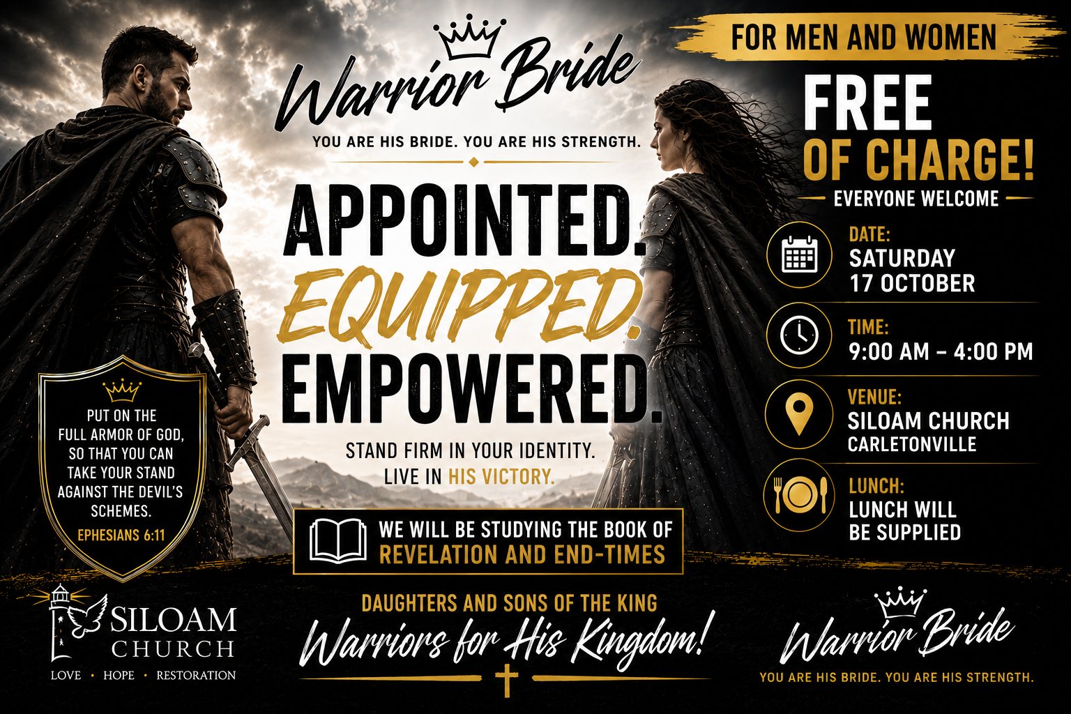 Warrior Bride — Appointed. Equipped. Empowered. Saturday 17 October, 9:00 AM – 4:00 PM, Siloam Church Carletonville. Free of charge, lunch supplied.