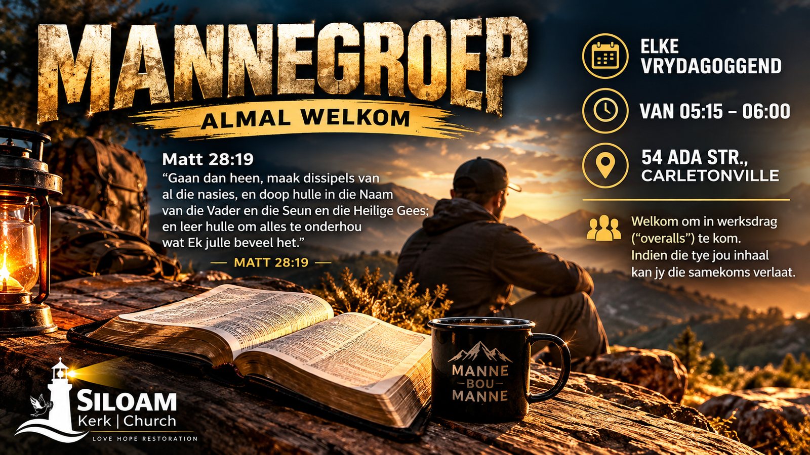 Mannegroep — Elke Vrydagoggend van 05:15 – 06:00, Adastraat 54